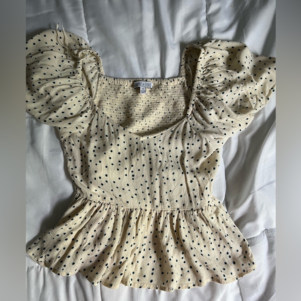White with Blue Polka Dots Baby Doll Shirt - XS